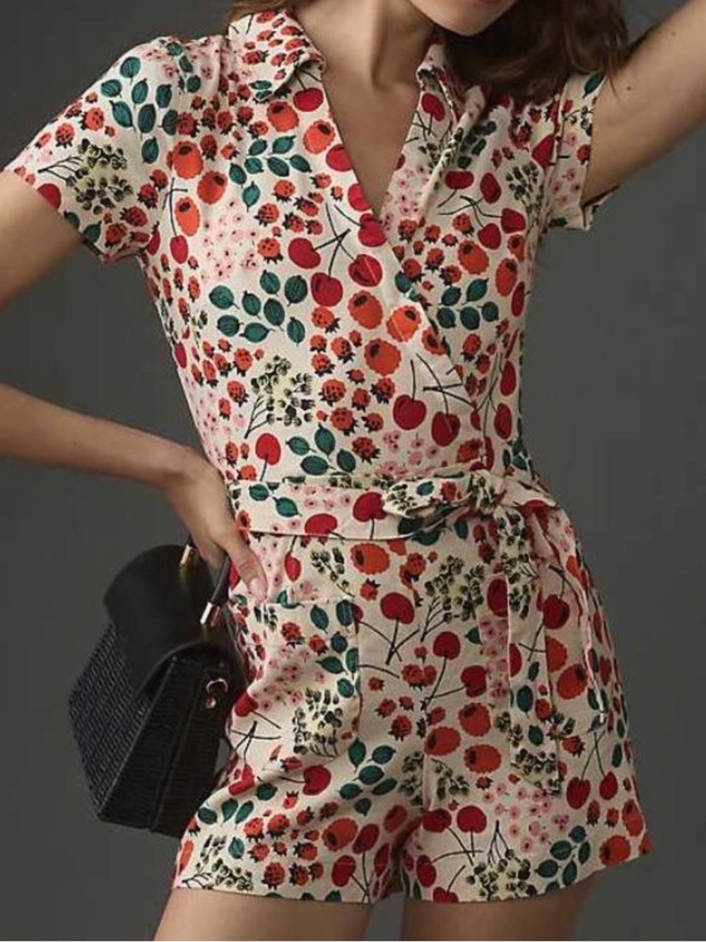 Maeve Floral Berry Print Short Sleeve Wrap Romper NWOT